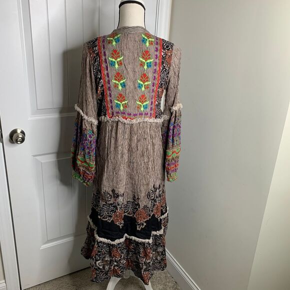 Anthropologie Raga Boho Embroidered Maxi Dress Peasant Floral Tassel Cottagecore - Picture 5 of 7